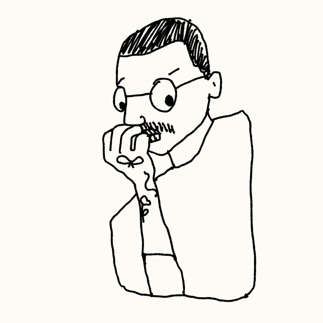 Line drawing of Pratik biting his nails, deep in thought